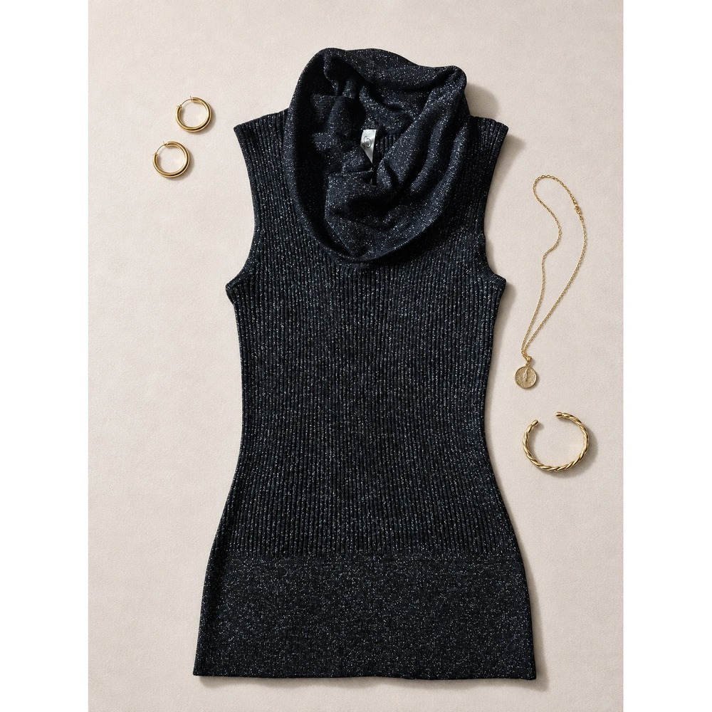 Pina Rossi Sleeveless Cowl Neck Knit Top Medium Black Silver Shimmer Party Chic